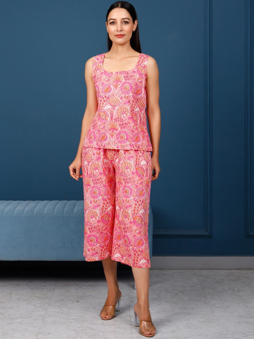 

PHEETA Printed Cotton Top with Trousers, Pink