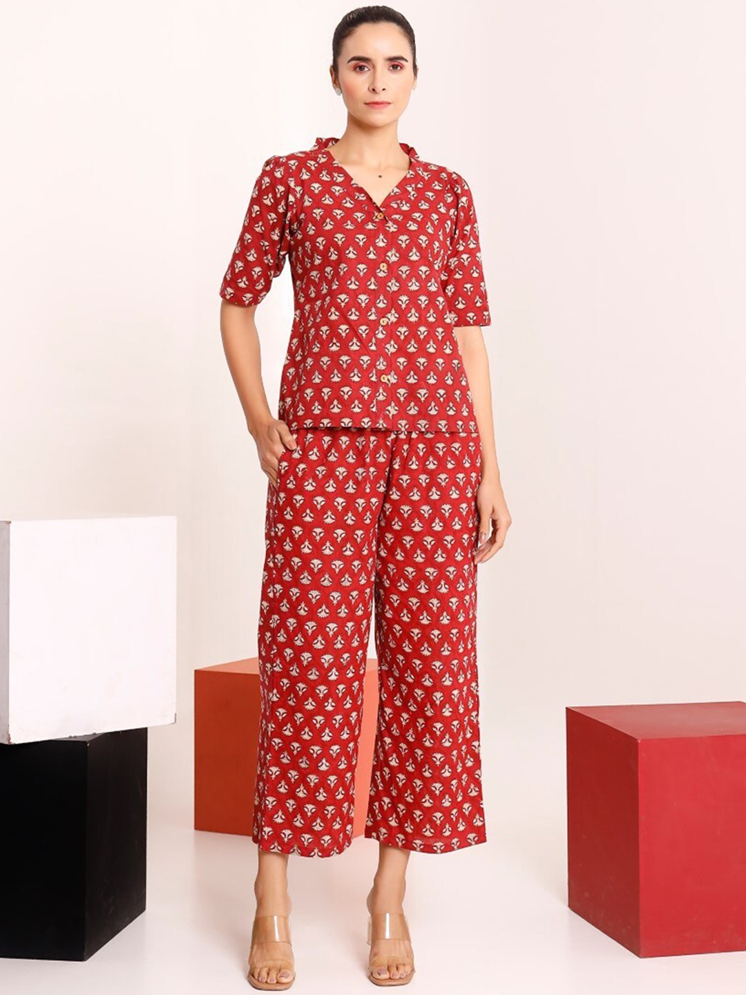 

PHEETA Printed Cotton Shirt with Trousers, Red