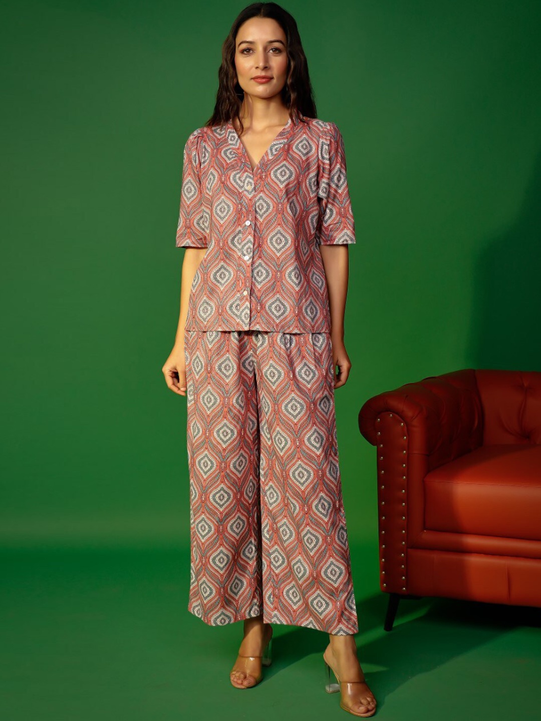 

PHEETA Printed Cotton Shirt with Trousers, Rust