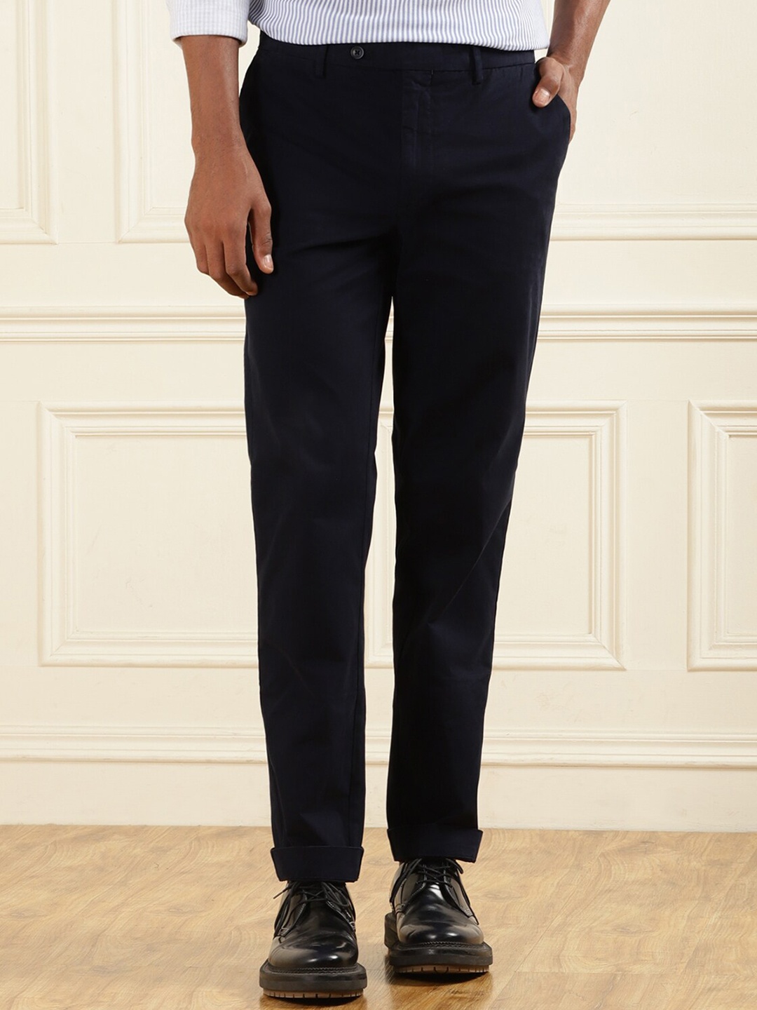 

HACKETT LONDON Men Mid-Rise Flat-Front Cotton Chinos Trousers, Navy blue