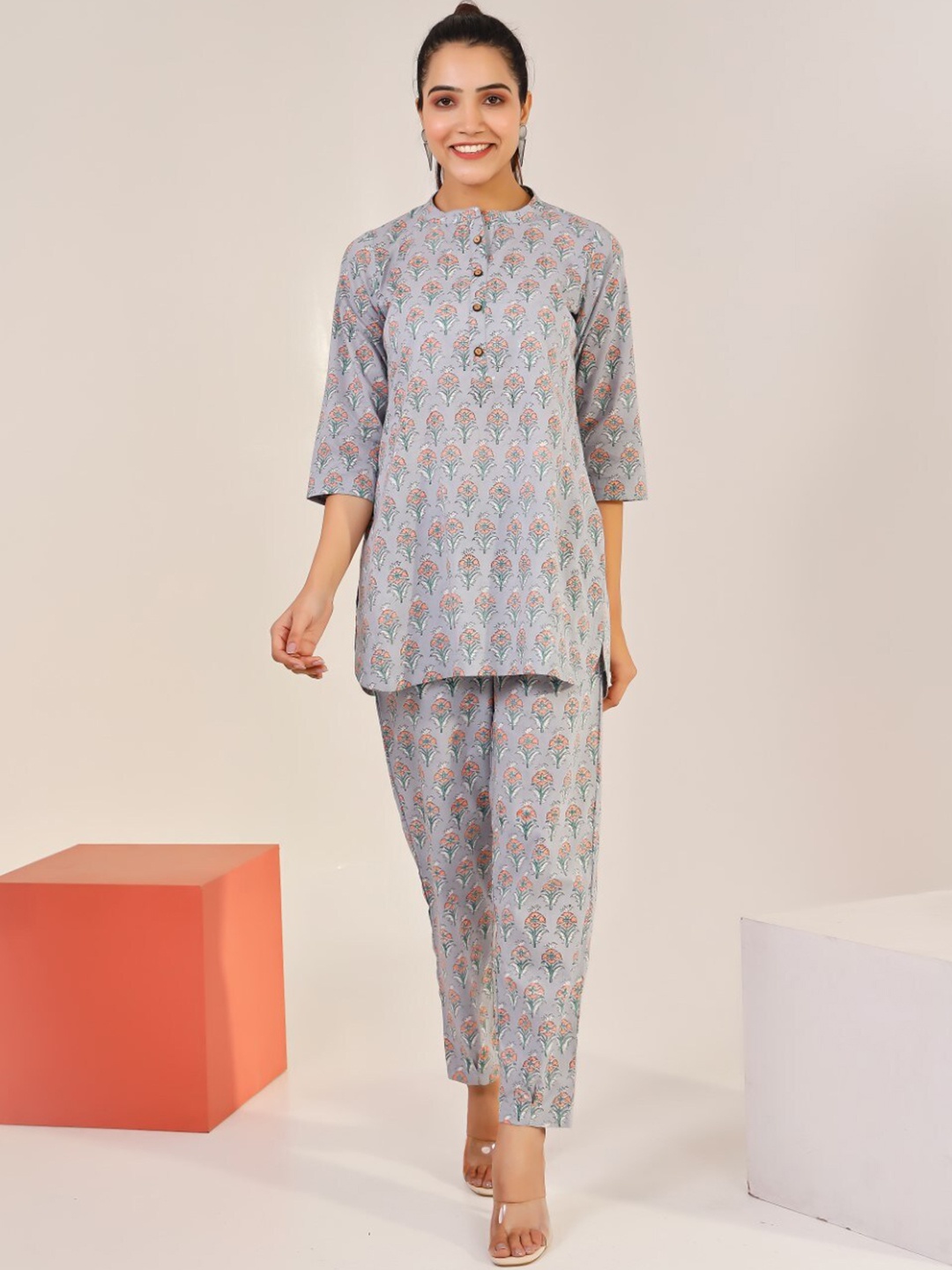 

PHEETA Printed Cotton Top with Trousers, Grey