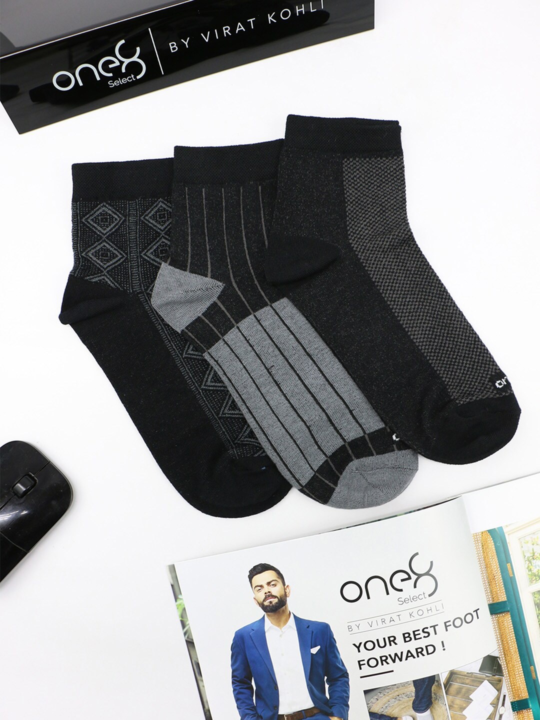 

One8 Men Pack of 3 Patterned Anti-Microbial Cotton Above Ankle Length Socks, Black