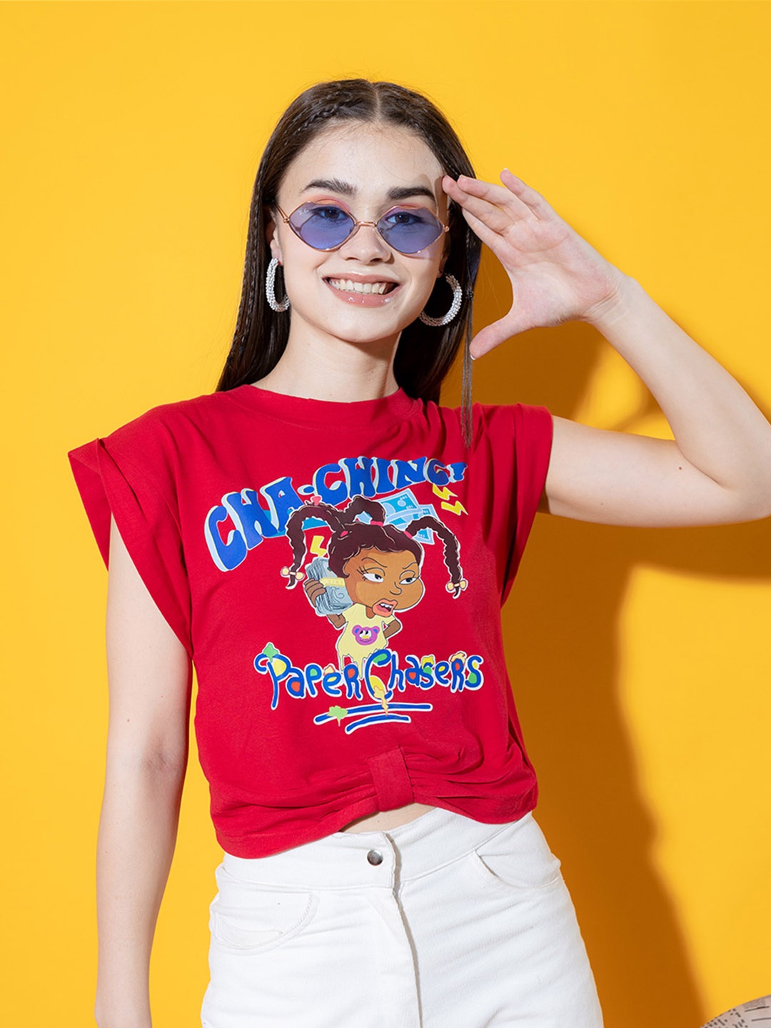 

Stylecast X Hersheinbox Red Graphic Print Extended Sleeve Cotton Top