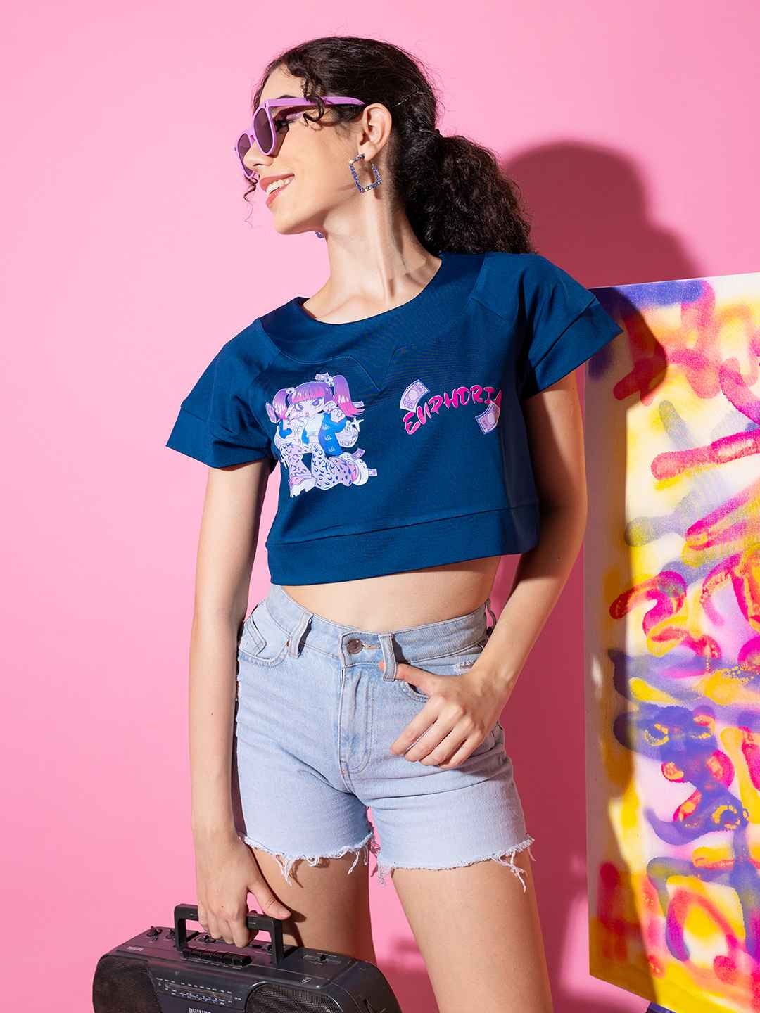 

Stylecast X Hersheinbox Blue Graphic Printed Sleeveless Crop Top