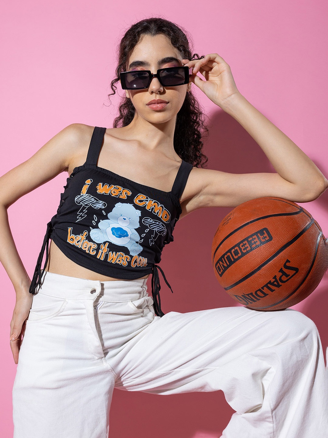 

Stylecast X Hersheinbox Black Graphic Printed Ruched Crop Top