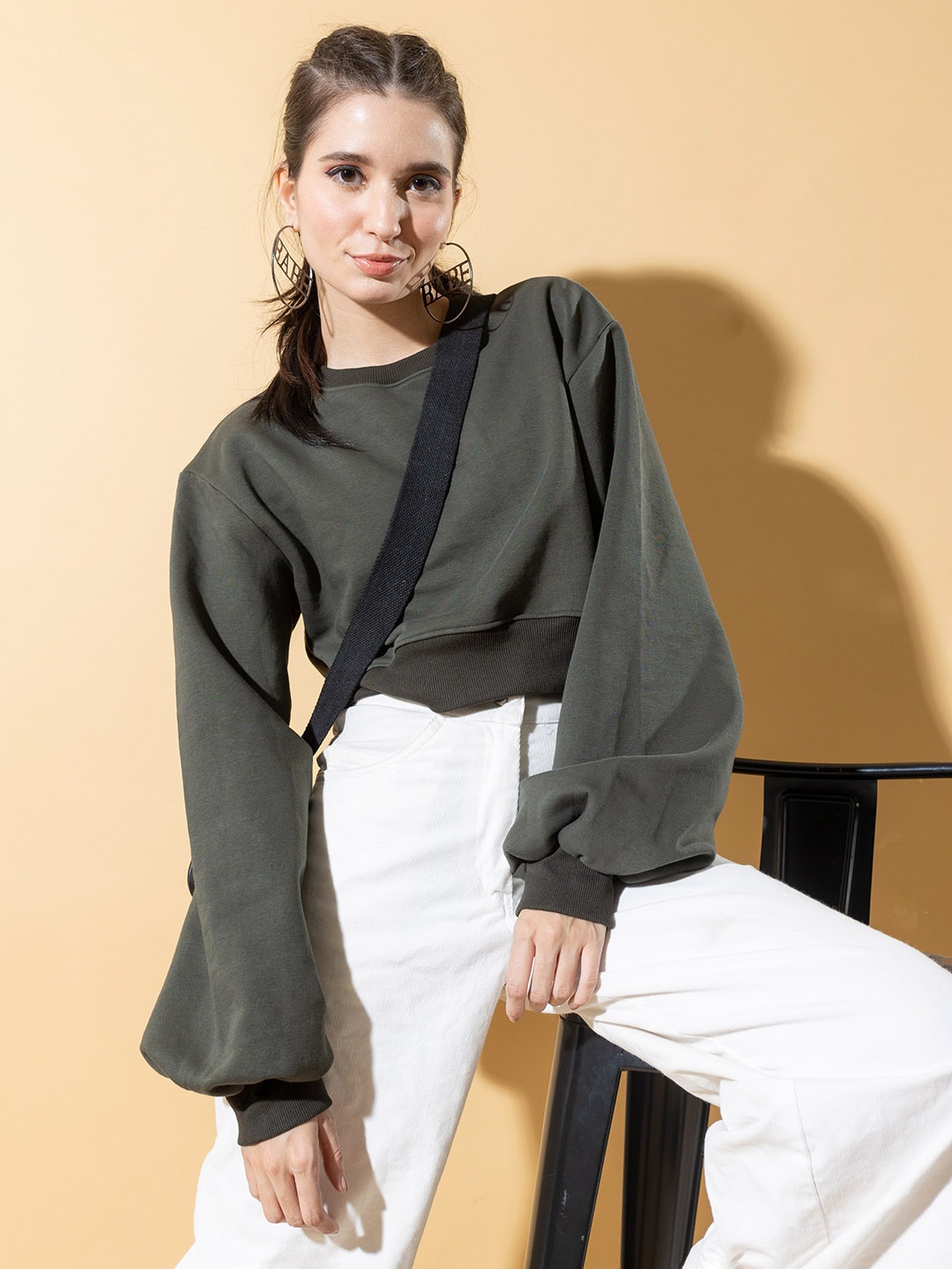 

Stylecast X Hersheinbox Olive Green Round Neck Pure Cotton Crop Sweatshirt