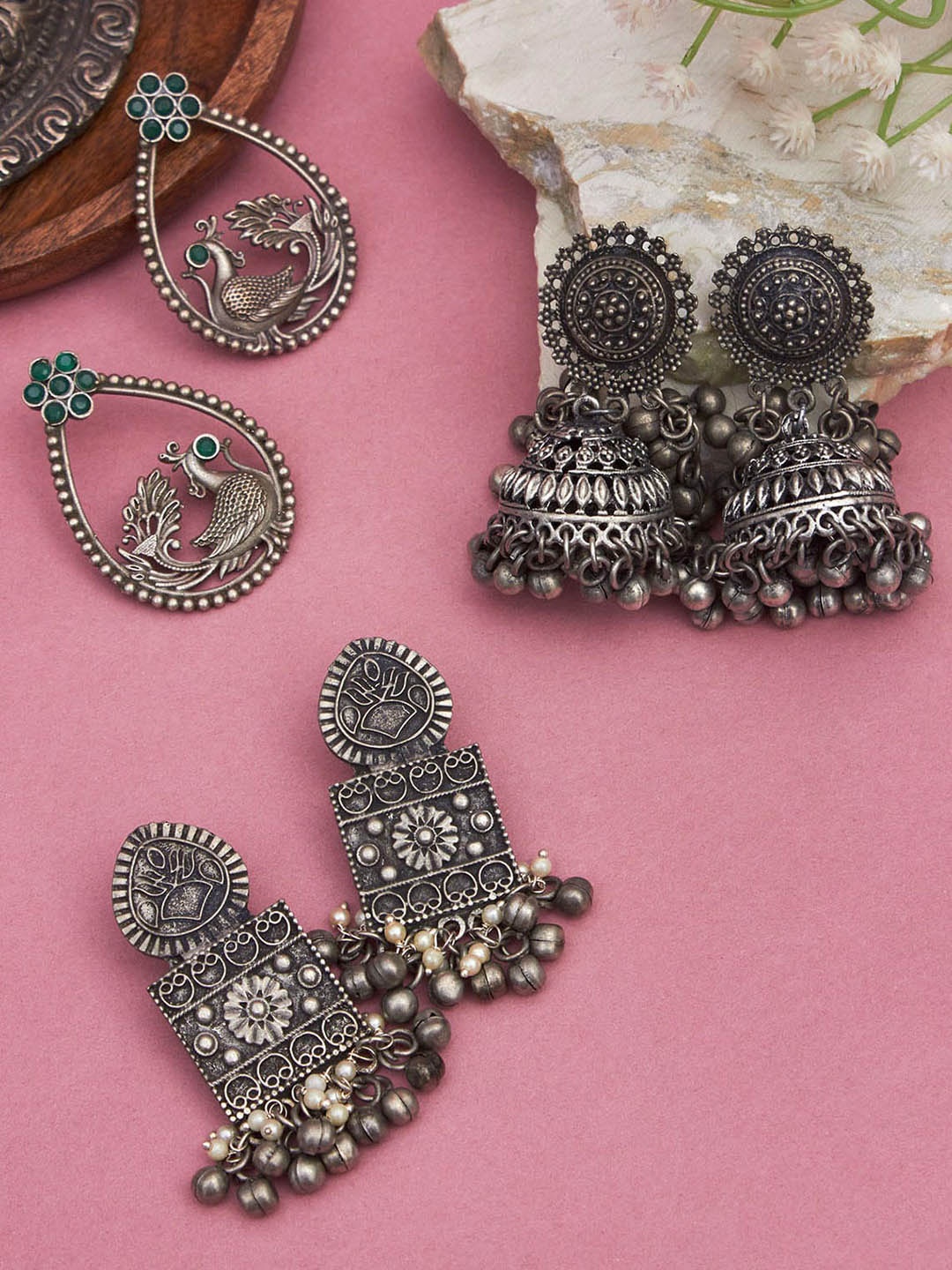 

phuljhadi Set Of 3 Silver-Plated Contemporary Drop Earrings