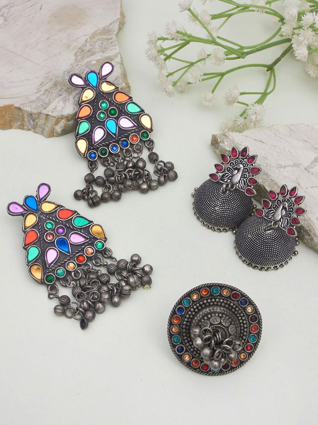 

phuljhadi Set Of 2 Silver-Plated Contemporary Earrings With Ring