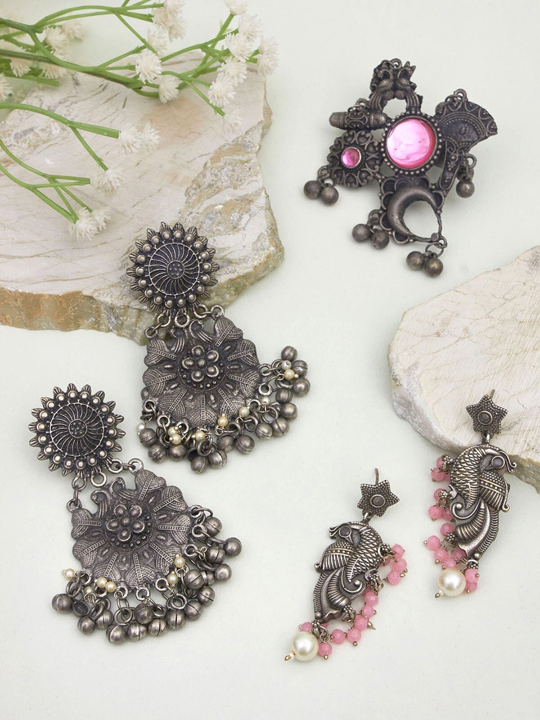 

phuljhadi Set Of 2 Silver-Plated Contemporary Earrings With Ring