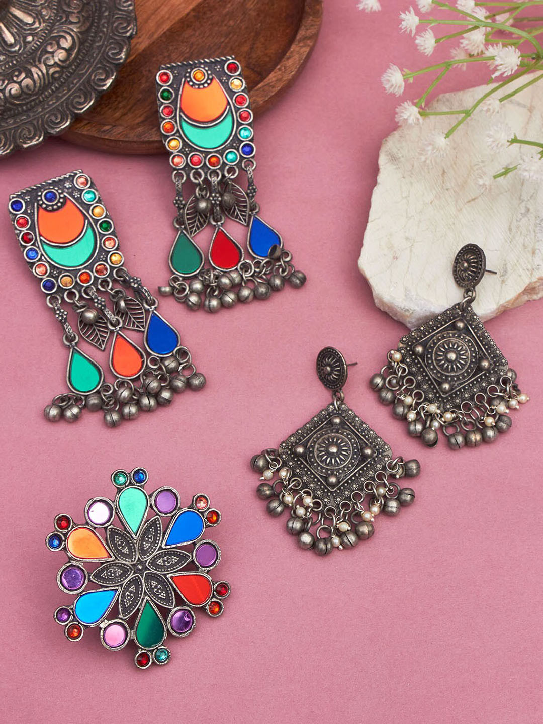 

phuljhadi Set Of 2 Silver-Plated Contemporary Earrings With Ring