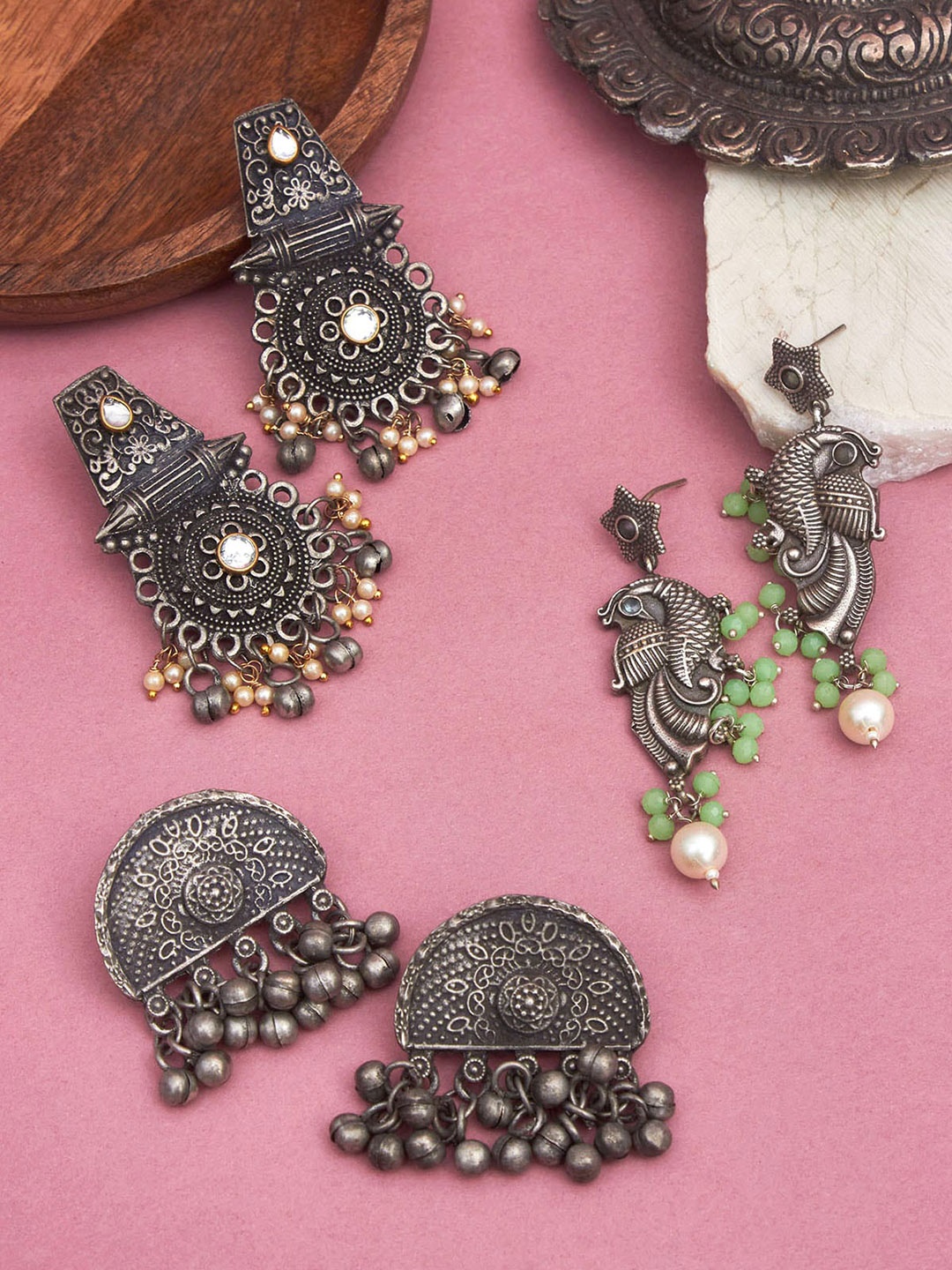 

phuljhadi Set Of 3 Silver-Plated Contemporary Drop Earrings