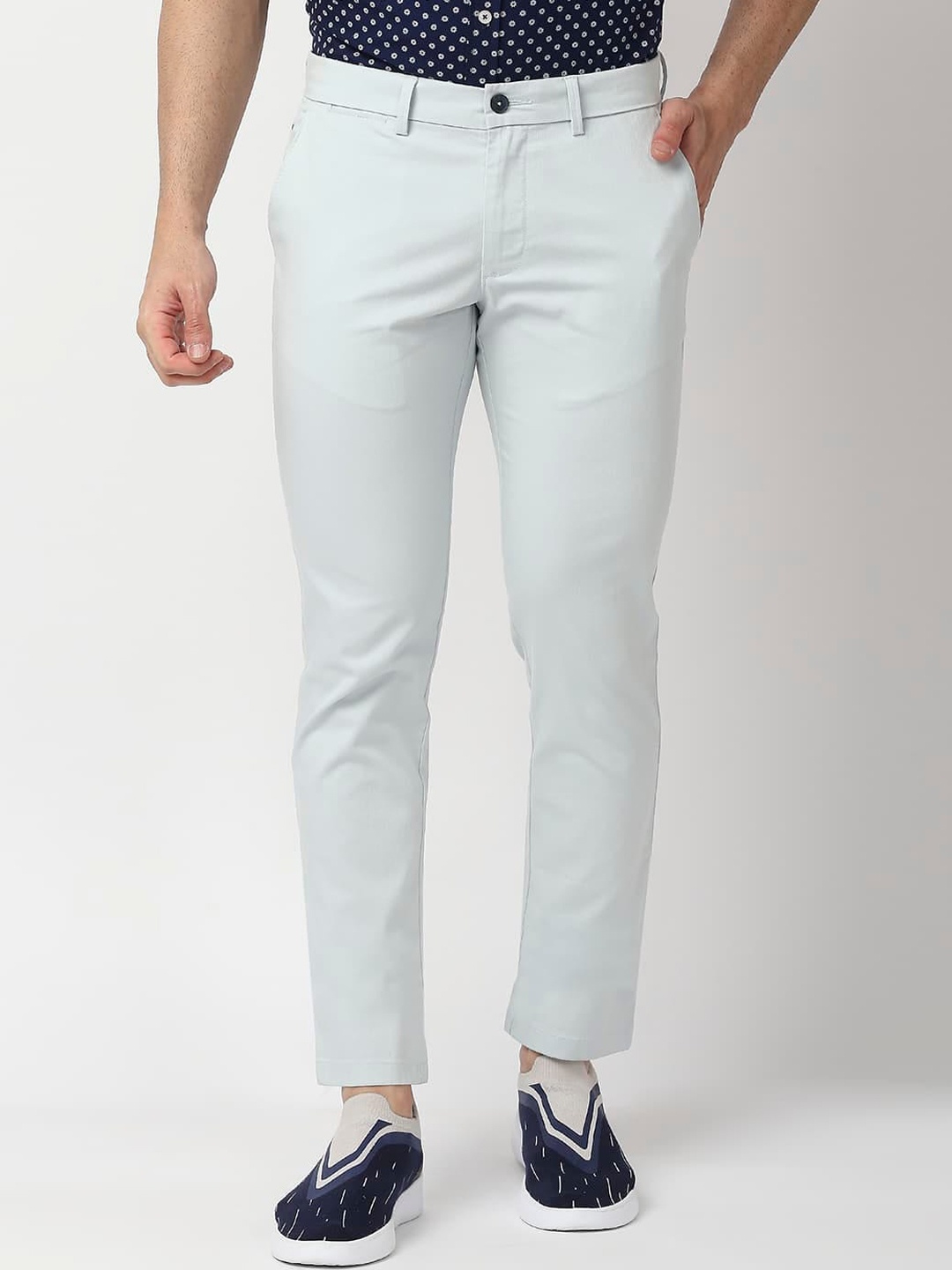 

Basics Men Tapered Fit Mid-Rise Plain Cotton Trousers, Blue