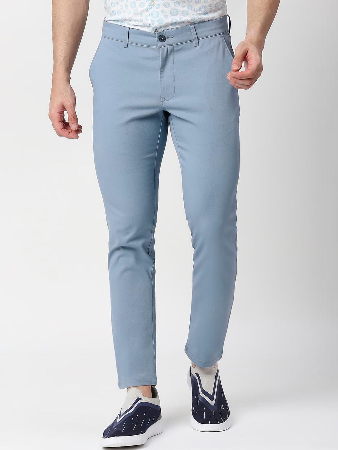 

Basics Men Tapered Fit Mid-Rise Plain Cotton Trousers, Blue
