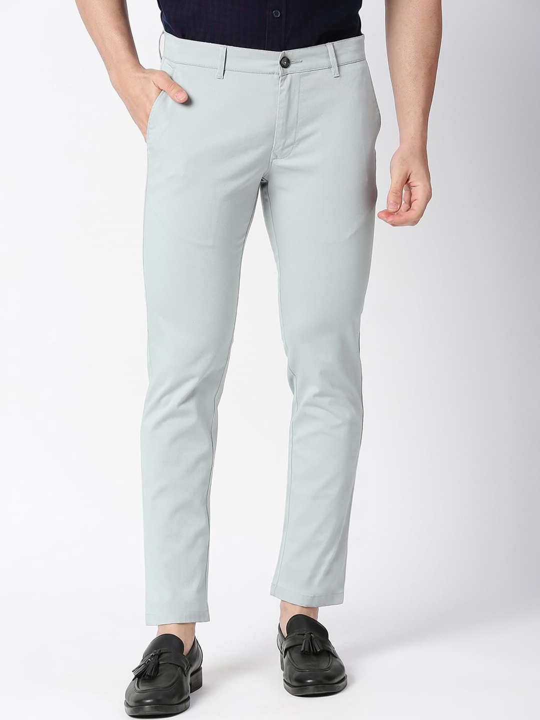 

Basics Men Tapered Fit Mid-Rise Cotton Regular Trousers, Grey
