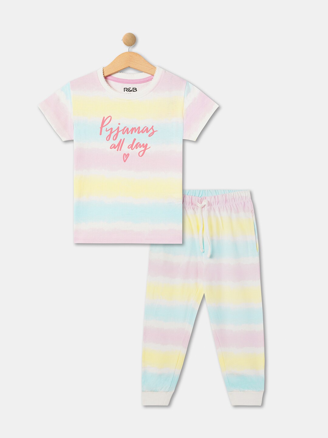 

R&B Girls Striped Pure Cotton T-shirt With Trousers, White