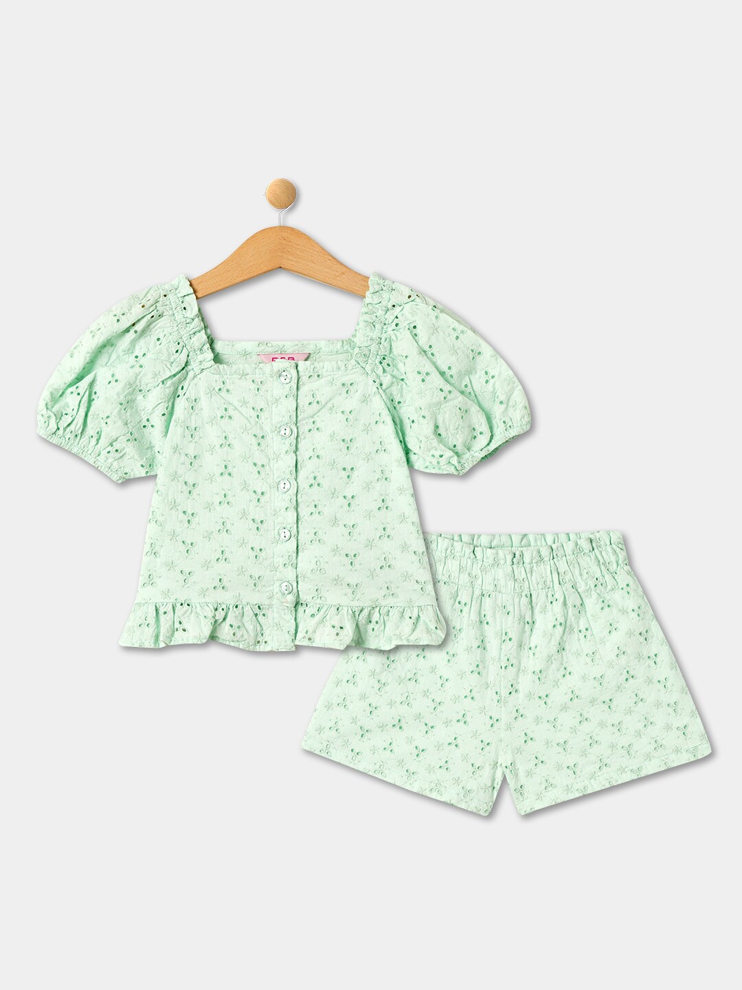 

R&B Girls Self Design Pure Cotton Top With Shorts, Green