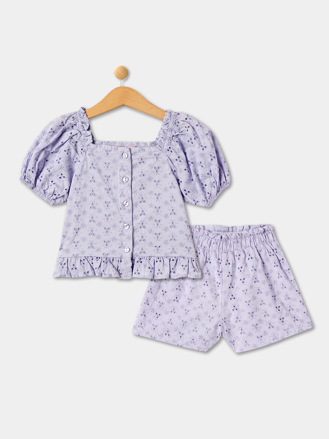 

R&B Girls Self Design Pure Cotton Square Neck Top With Shorts, Purple