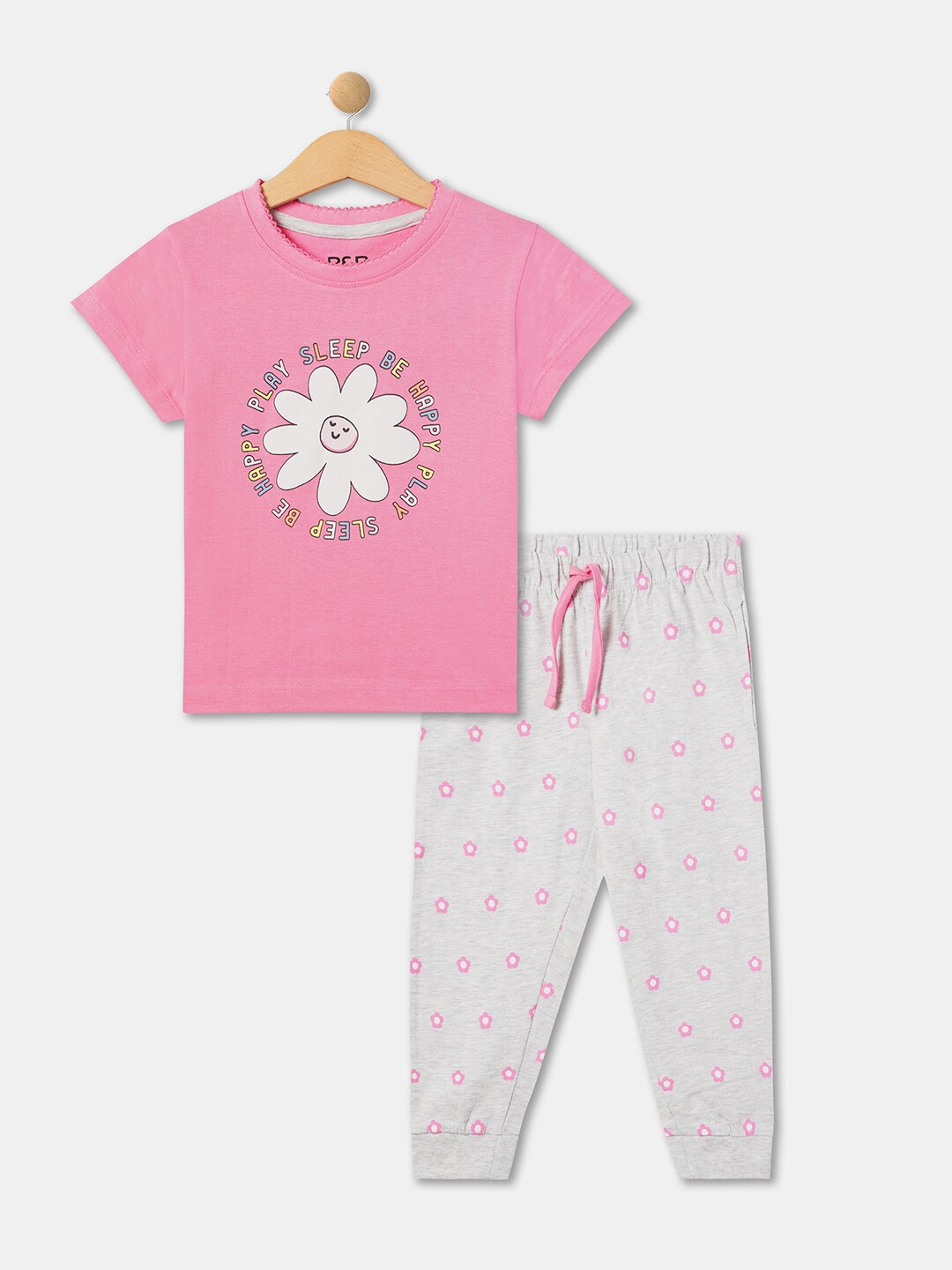 

R&B Girls Printed Pure Cotton T-shirt With Pyjamas, Pink