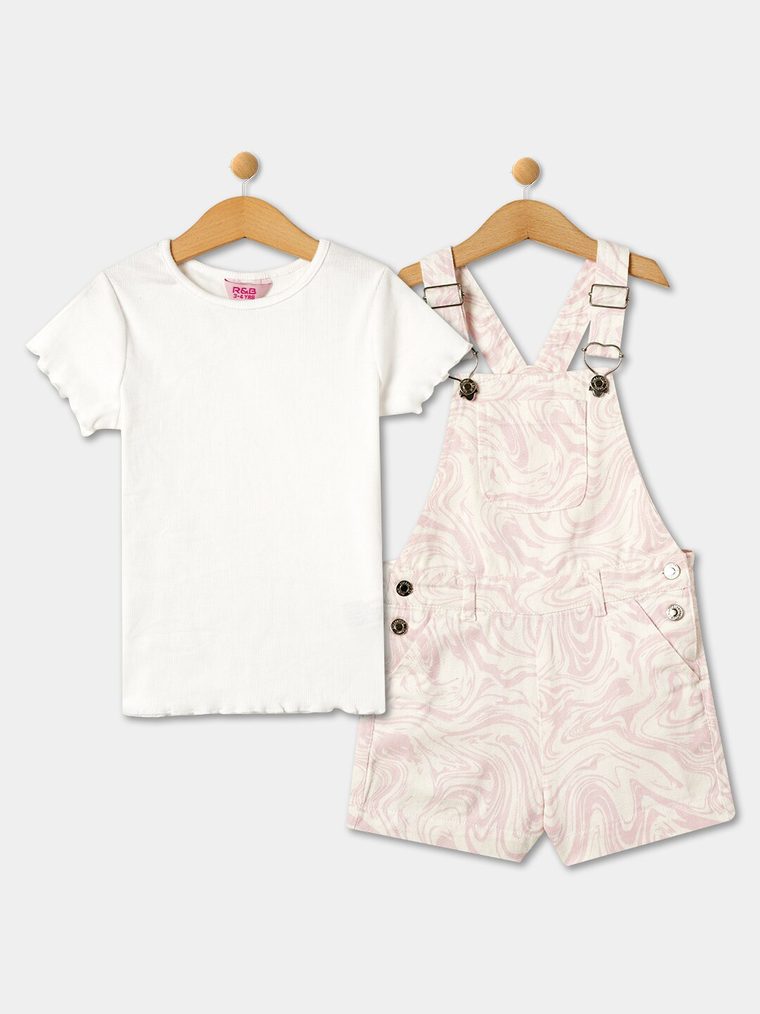 

R&B Girls Abstract Printed Cotton Dungarees With T-Shirt, White