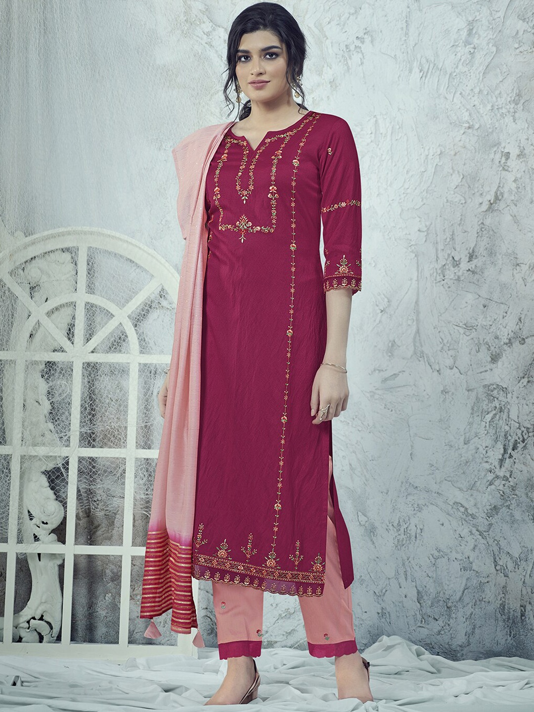 

Indo Era Pink Floral Embroidered Kurta & Trousers With Dupatta