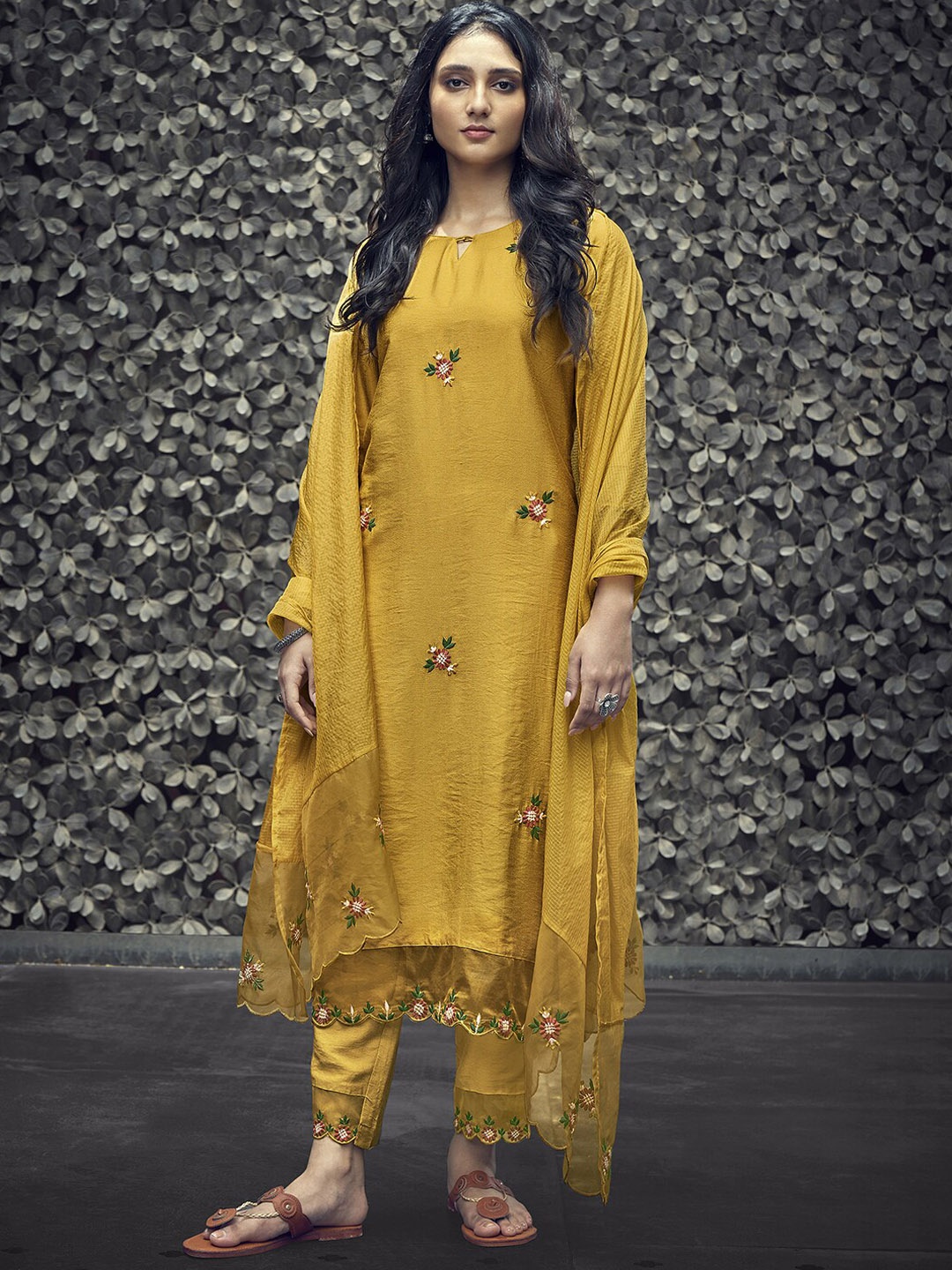 

Indo Era Floral Thread Work Straight Kurta & Trousers With Dupatta, Yellow