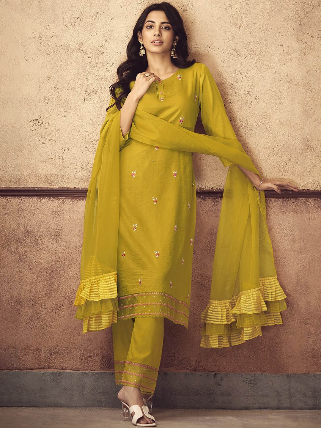 

Indo Era Floral Embroidered Thread Work Straight Kurta & Trousers With Ruffled Dupatta, Mustard