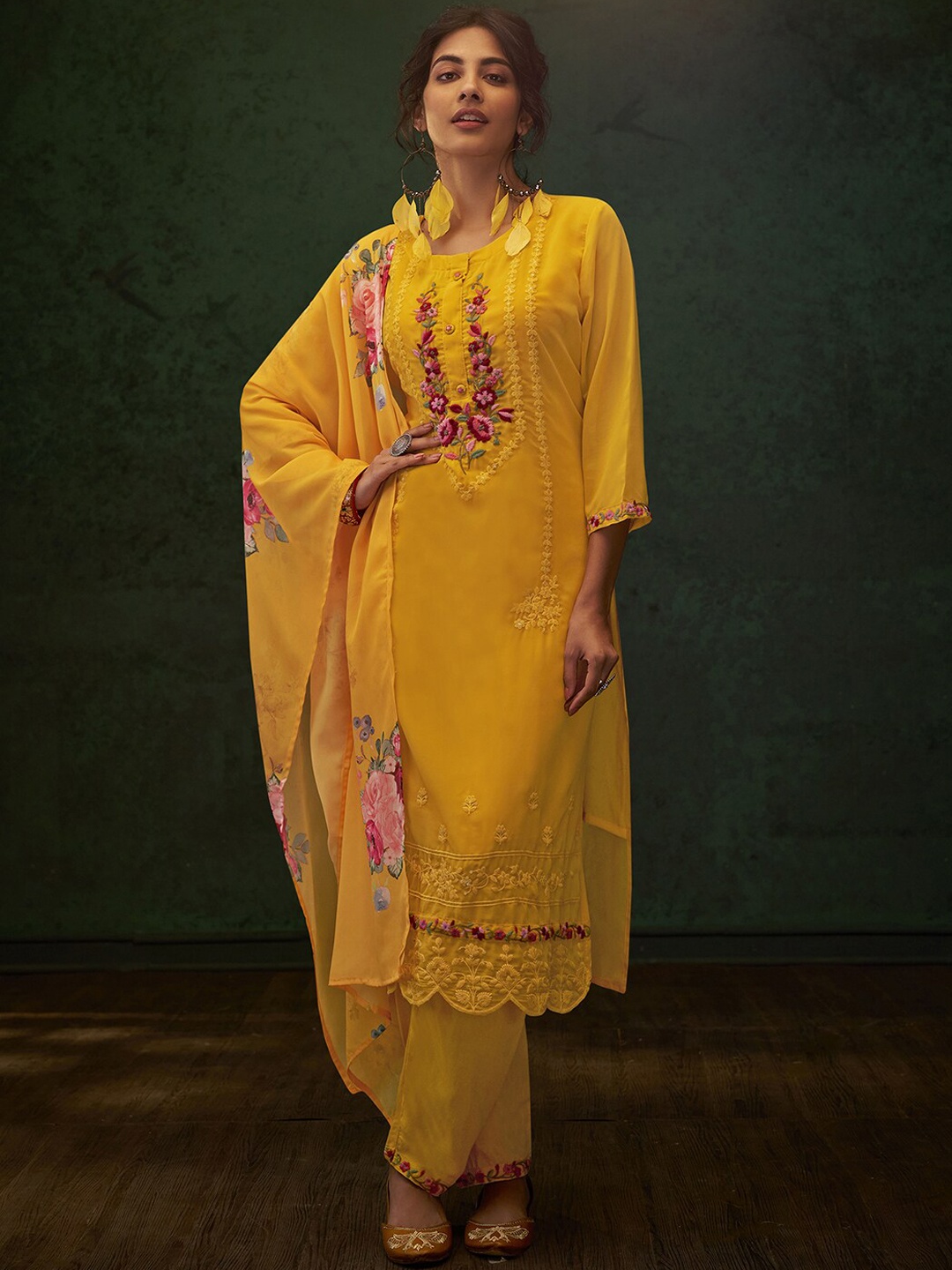 

Indo Era Floral Thread Work Straight Kurta & Trousers With Dupatta, Yellow
