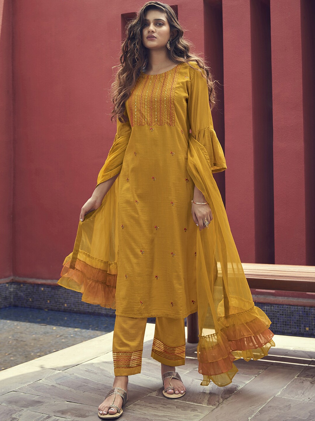 

Indo Era Floral Embroidered Thread Work Regular Kurta with Trousers & Dupatta, Yellow