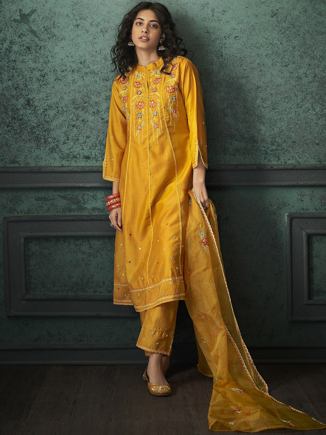 

Indo Era Floral Embroidered Regular Kurta with Trousers & With Dupatta, Yellow