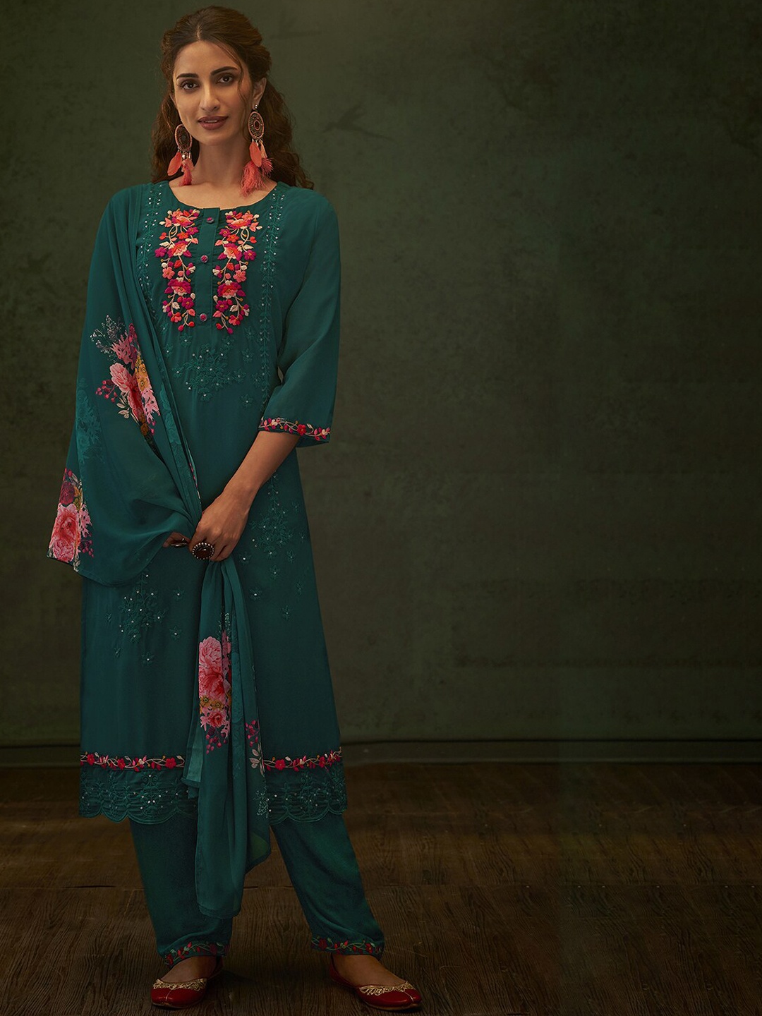 Indo Era Floral Thread Work Kurta & Trousers With Dupatta, Teal