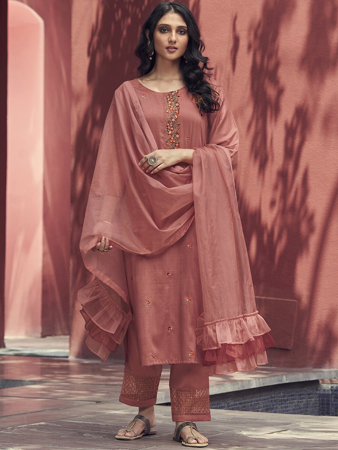 

Indo Era Floral Embroidered Thread Work Kurta With Trousers & Dupatta, Peach