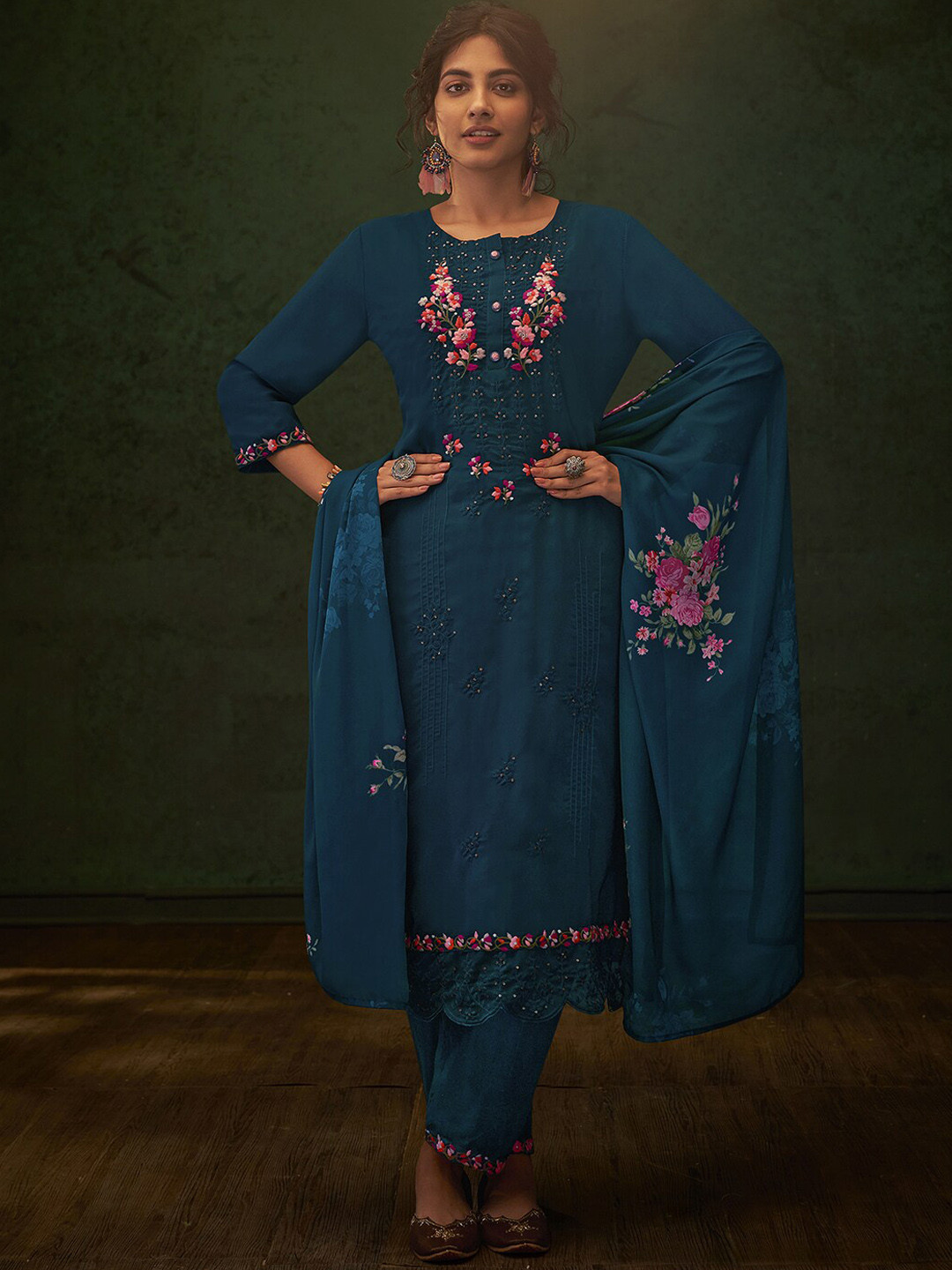 

Indo Era Blue Floral Embroidered Kurta & Trousers With Dupatta