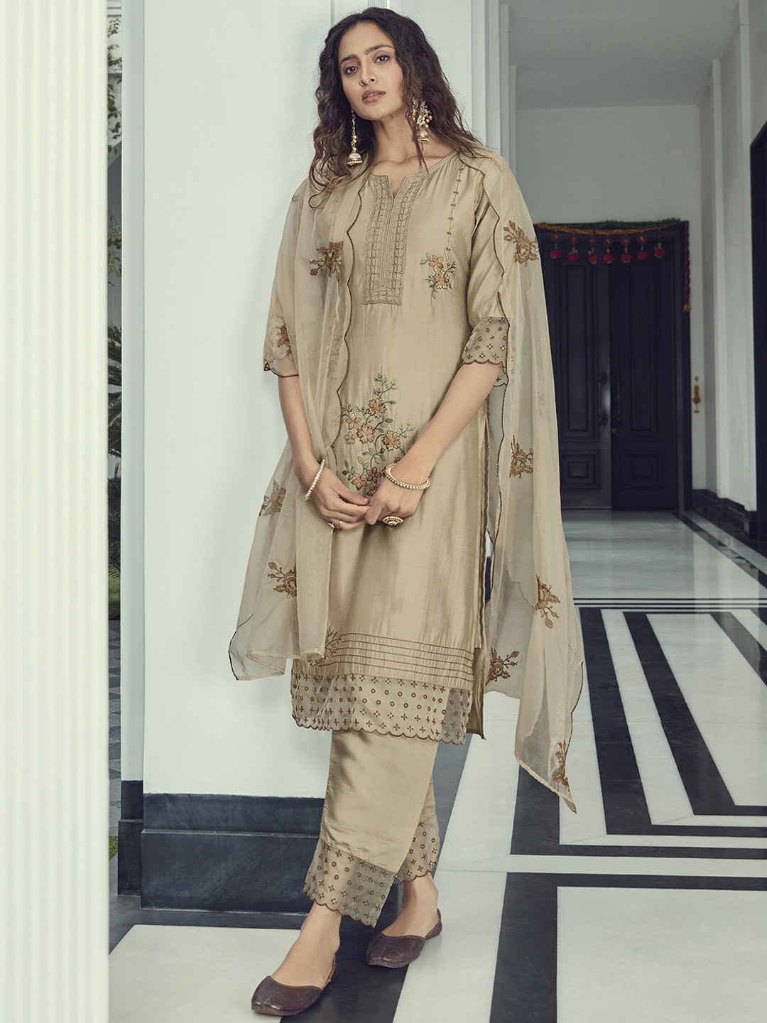 

Indo Era Floral Embroidered Sequined Regular Straight Kurta & Trousers With Dupatta, Beige