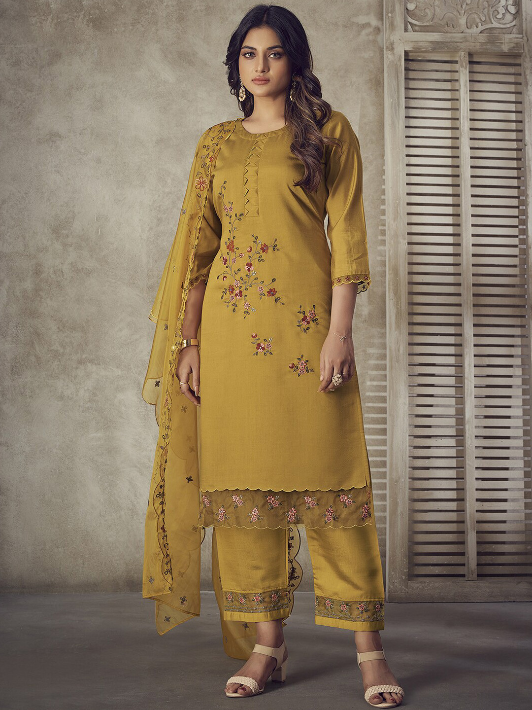 

Indo Era Yellow Floral Embroidered Kurta & Trousers With Dupatta