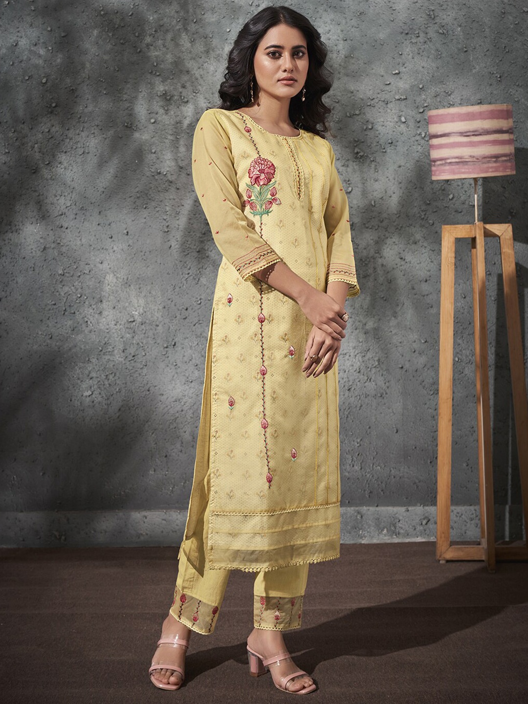 

Indo Era Yellow Floral Embroidered Regular Kurta With Trousers