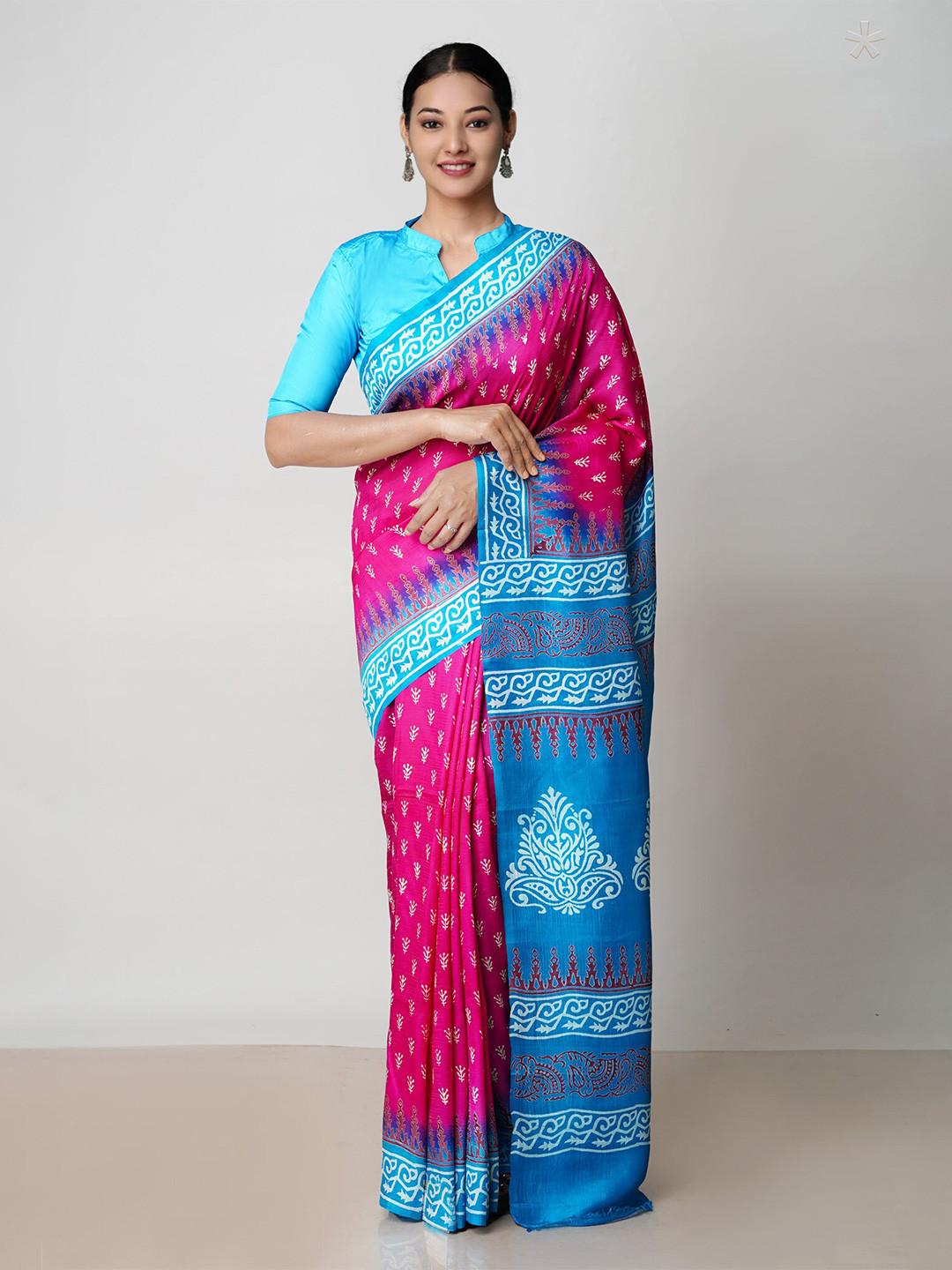 

Unnati Silks Ethnic Motifs Block Printed Silk Blend Handloom Mysore Silk Saree, Pink