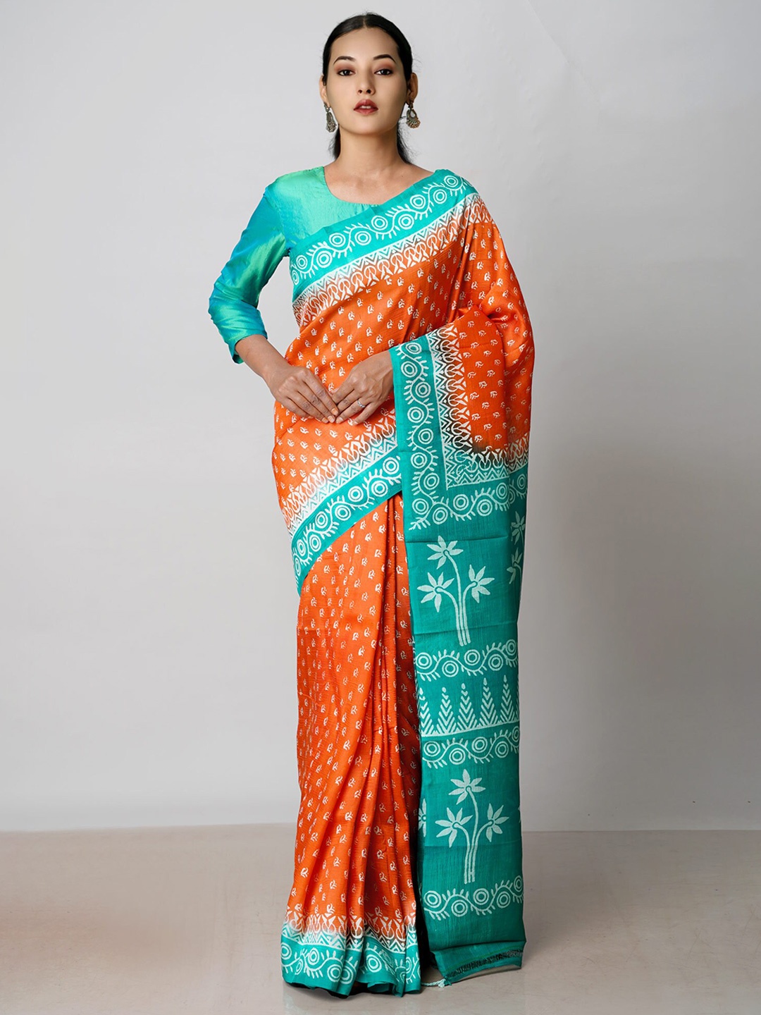 

Unnati Silks Ethnic Motifs Block Printed Silk Blend Handloom Mysore Silk Saree, Orange