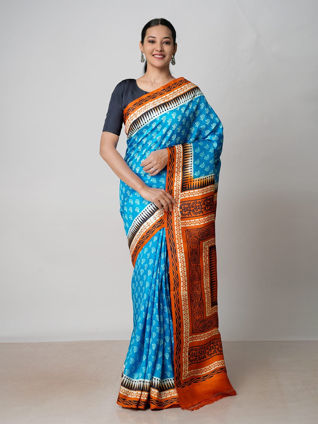 

Unnati Silks Ethnic Motifs Silk Blend Handloom Mysore Silk Saree, Blue