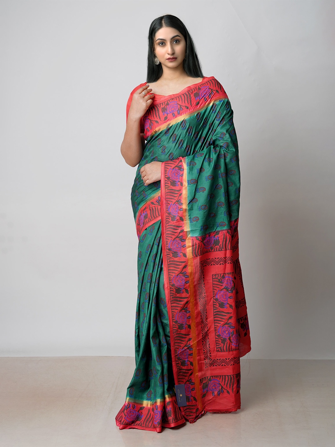 

Unnati Silks Ethnic Motifs Printed Zari Saree, Green