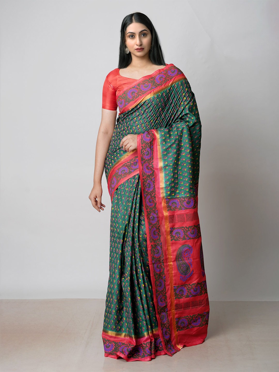 

Unnati Silks Ethnic Motifs Printed Zari Baluchari Saree, Green