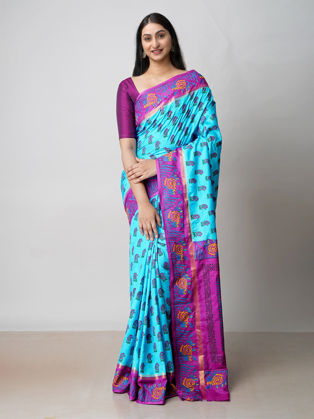 

Unnati Silks Ethnic Motifs Silk Blend Baluchari Saree, Blue