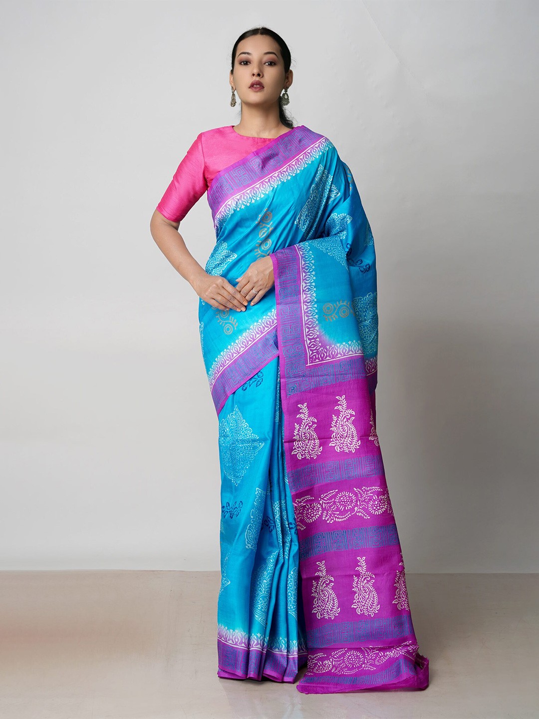 

Unnati Silks Ethnic Motifs Block Printed Silk Blend Handloom Mysore Silk Saree, Blue