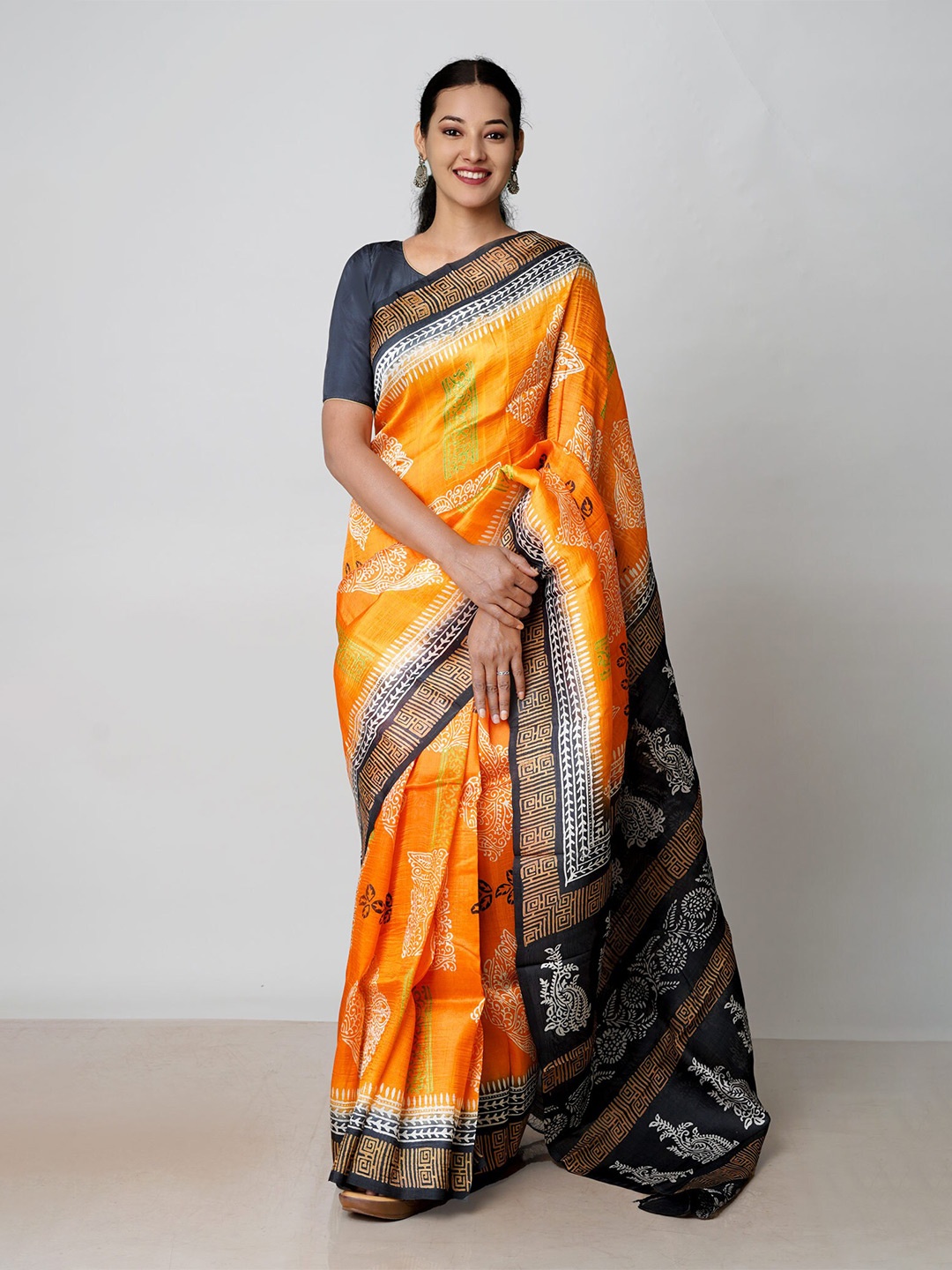 

Unnati Silks Ethnic Motifs Printed Handloom Mysore Silk Saree, Orange