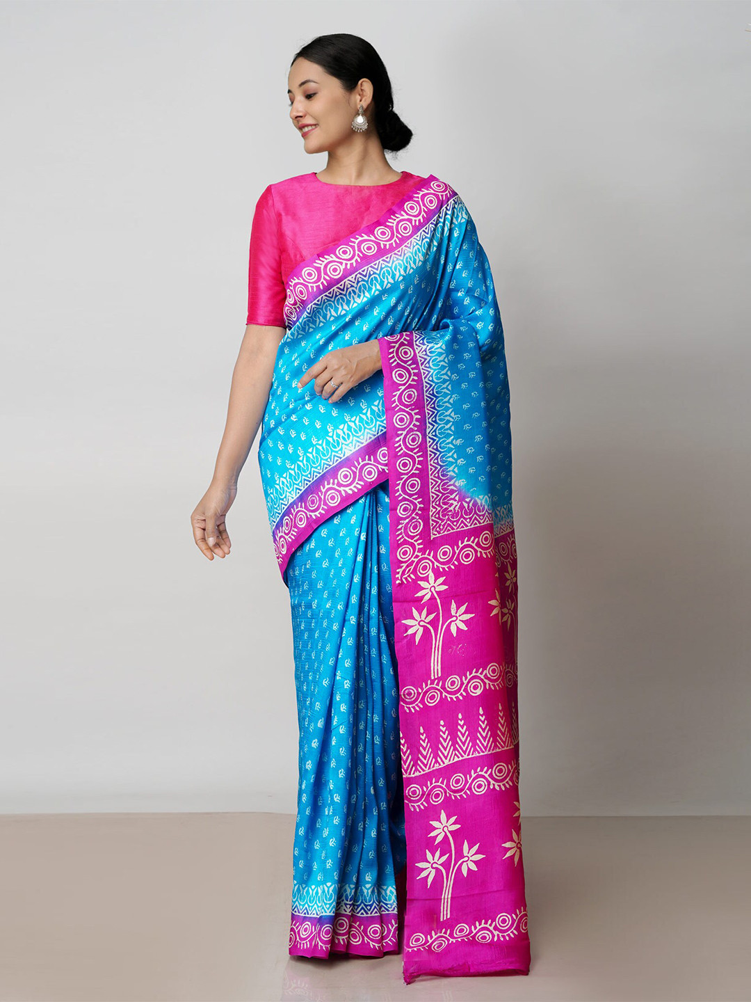 

Unnati Silks Ethnic Motifs Block Printed Silk Blend Handloom Mysore Silk Saree, Blue