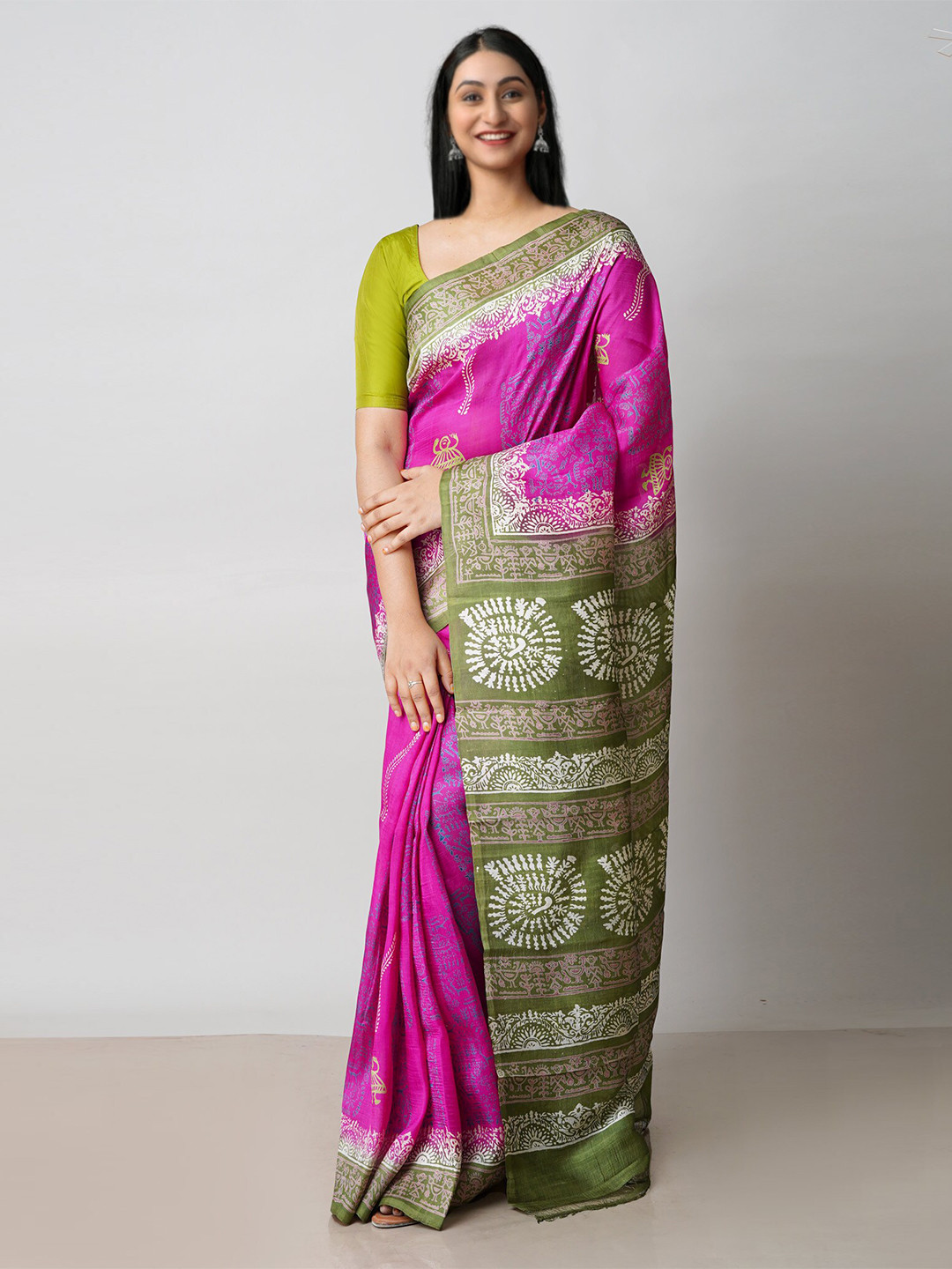 

Unnati Silks Ethnic Motifs Silk Blend Handloom Mysore Silk Saree, Pink