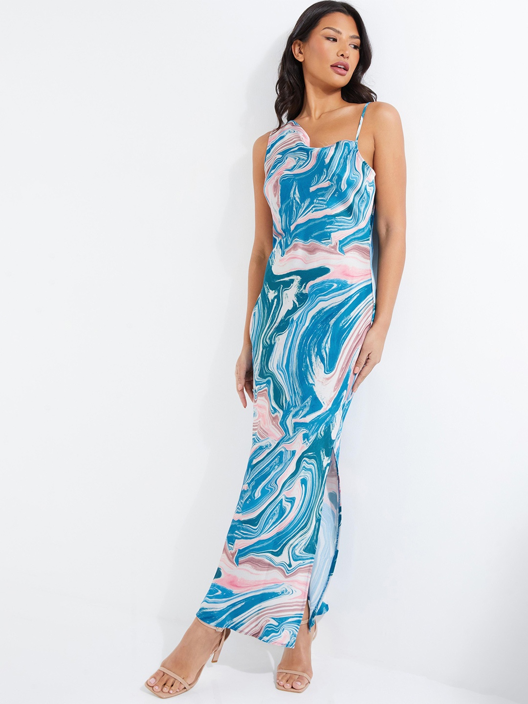 

QUIZ Abstract Printed One Shoulder Satin Maxi Dress, Blue