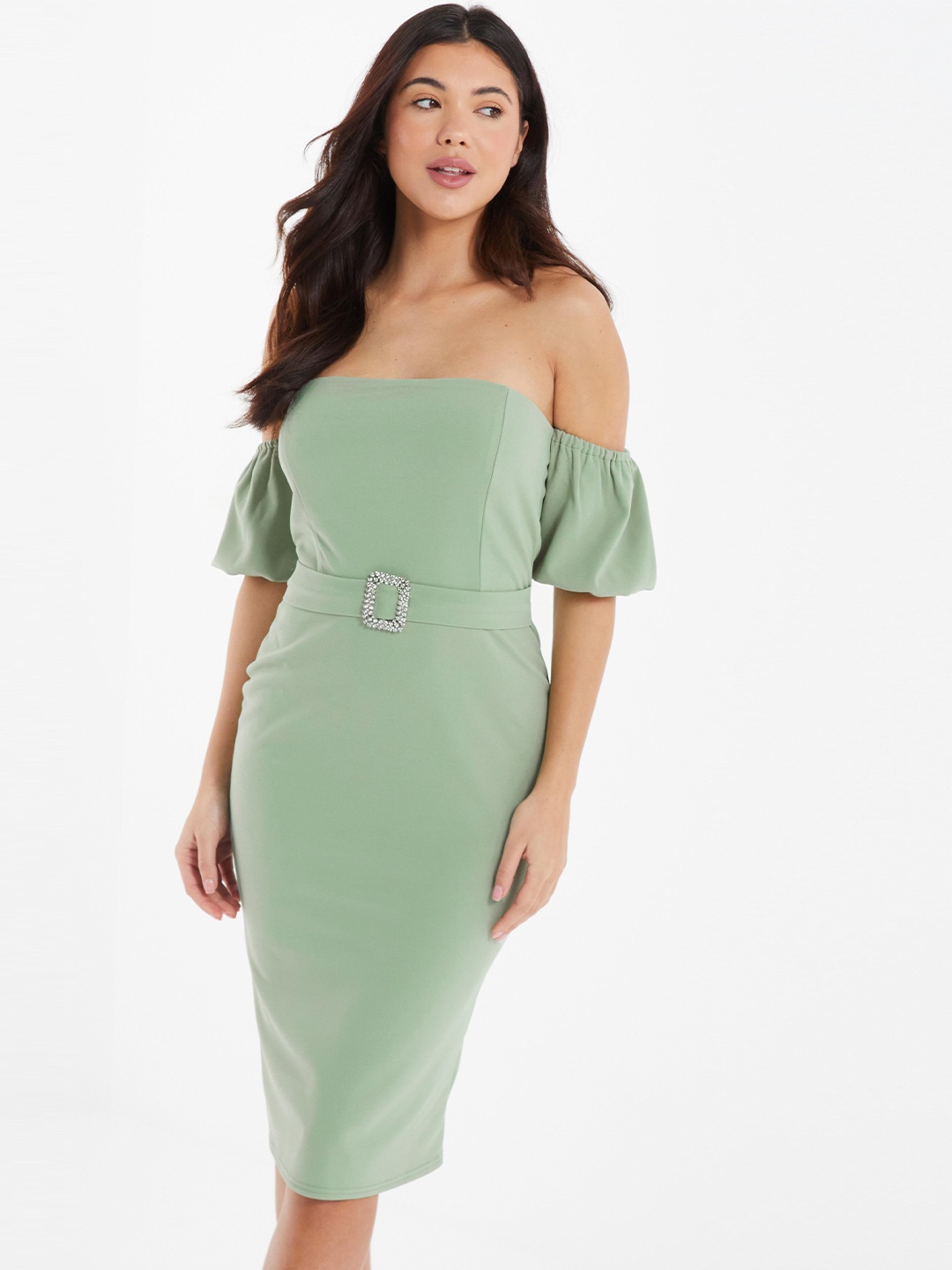 

QUIZ Off-Shoulder Puff Sleeve Scuba Bodycon Dress, Green