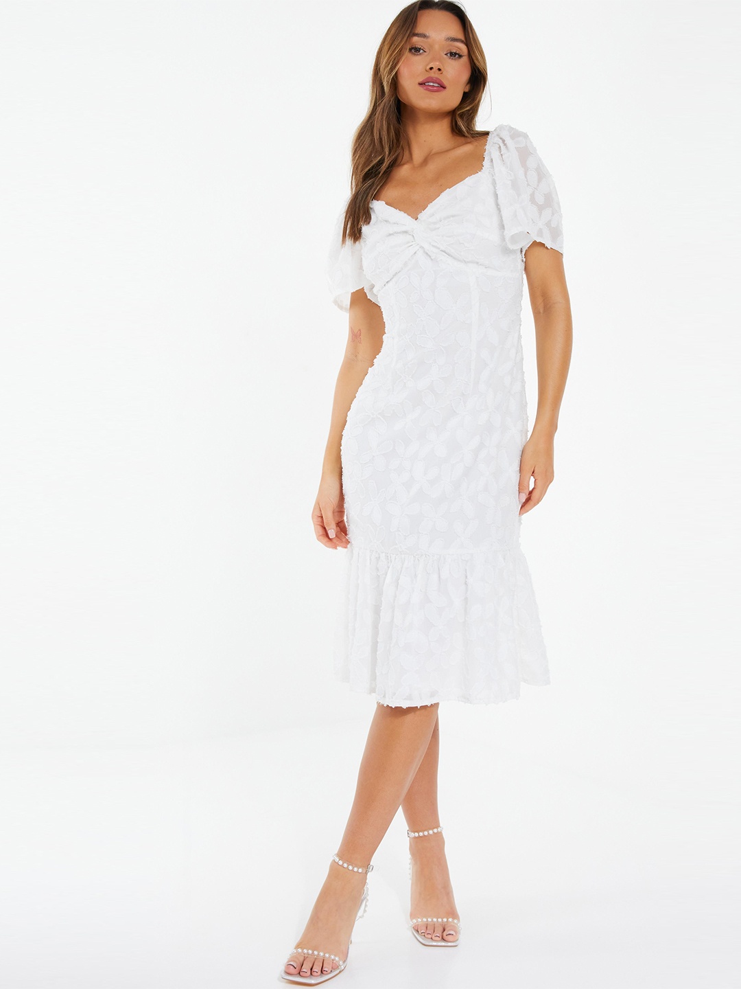 

QUIZ Puff Sleeve Chiffon A-Line Dress, White