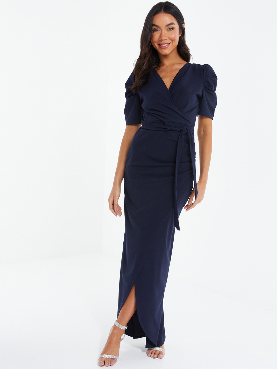 

QUIZ V-Neck Puff Sleeves Belted Scuba Wrap Dress, Blue