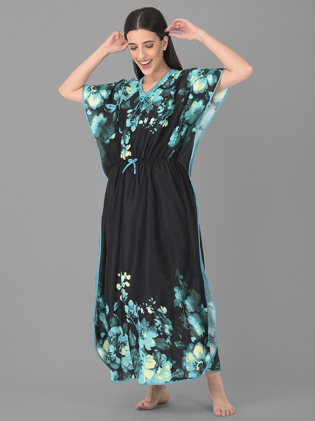 

Noty Floral Printed Maxi Kaftan Nightdress, Black